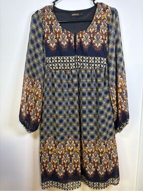 Reborn Navy Multicolor Boho Long Sleeve Dress